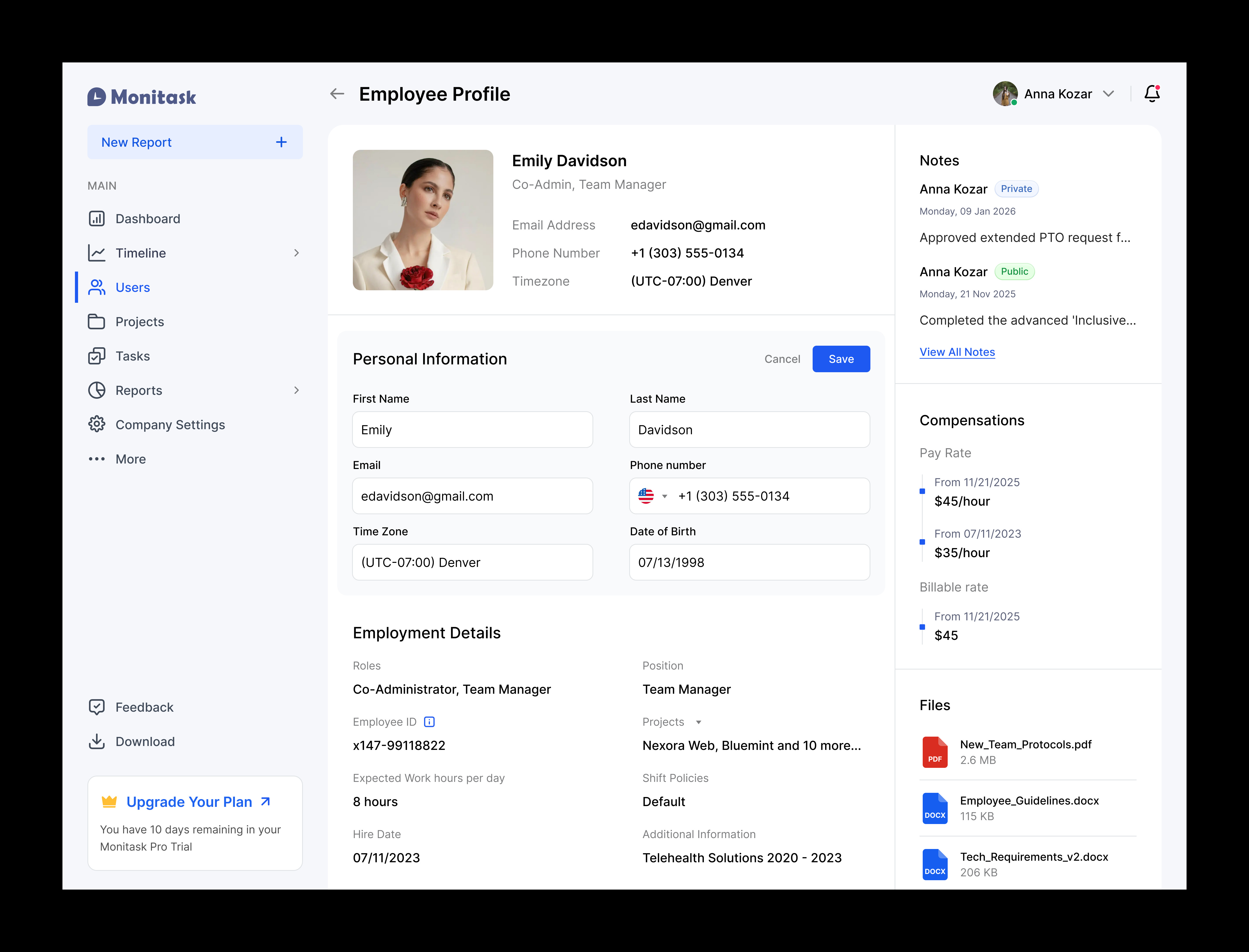 Employee Profile / User Table analytics dashboard employee management product design productivity productivity tool project management report saas saas app settings team management time tracking ui user table ux uxui design web application