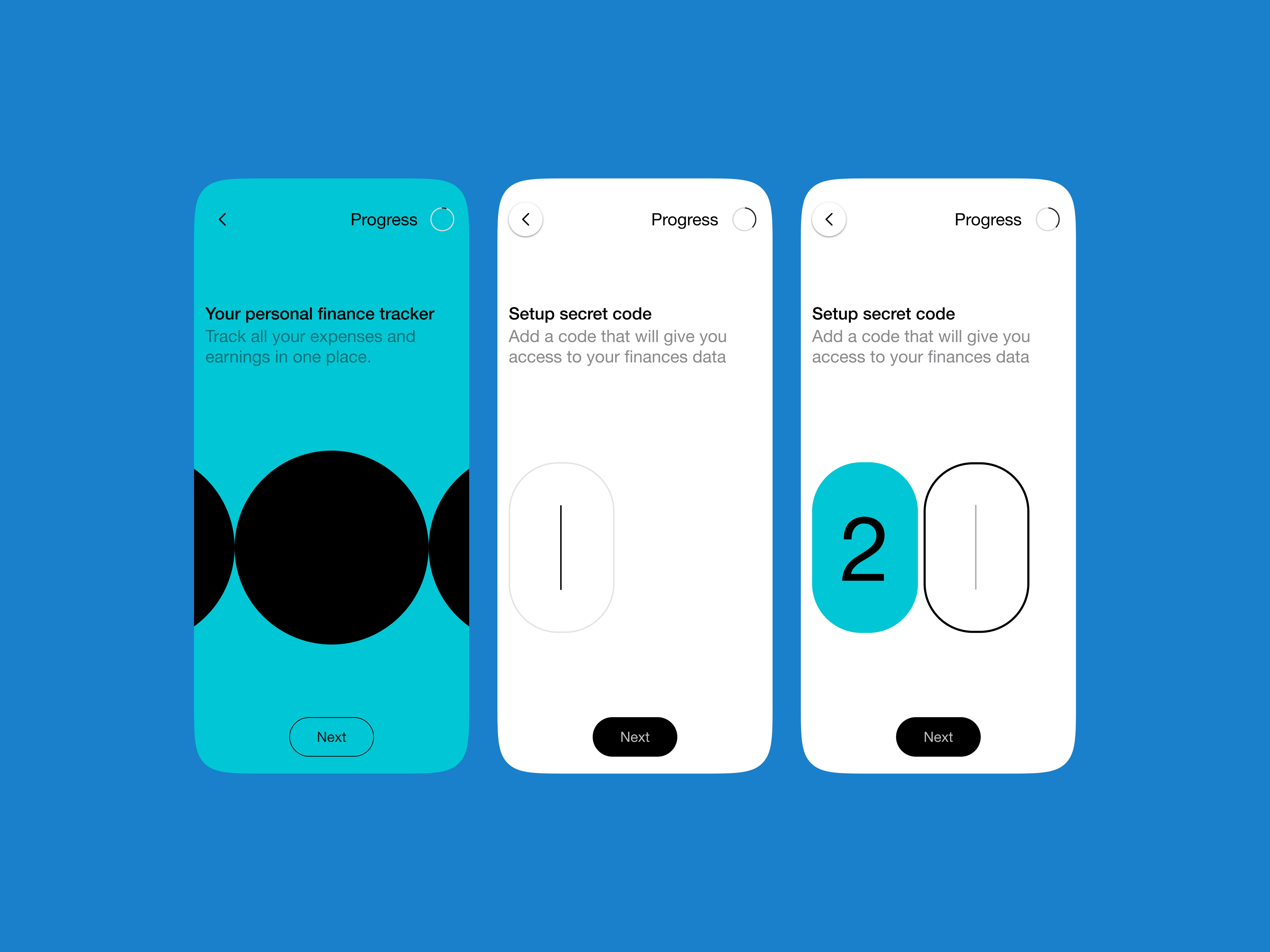 Finance tracking app - Onboarding UI budget cyan design finance minimalist onboarding password progress swiss design tracking ui