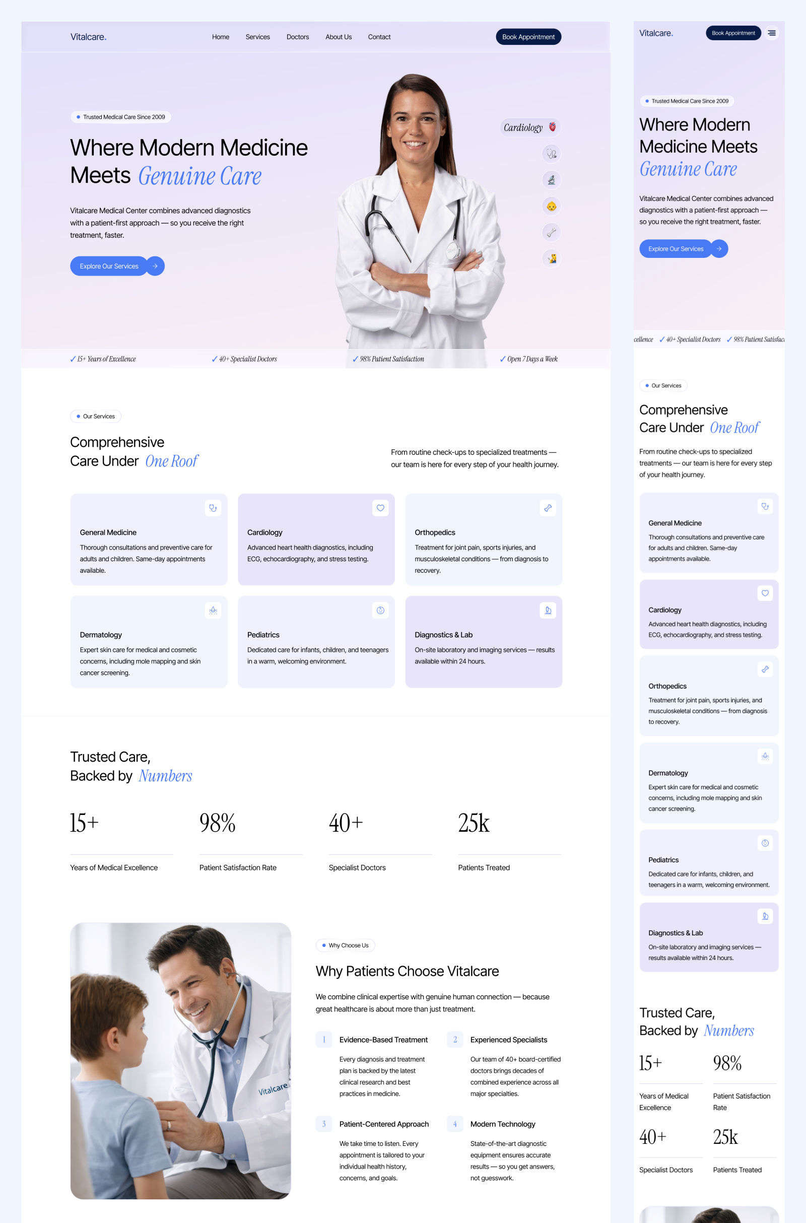 Clean Healthcare UI | Vitalcare Medical Center clean ui clinic website figma figma design health app healthcare landing page medical medical website minimal design modern design responsive design ui design ui designer ui ux ux design web design web ui website concept website design