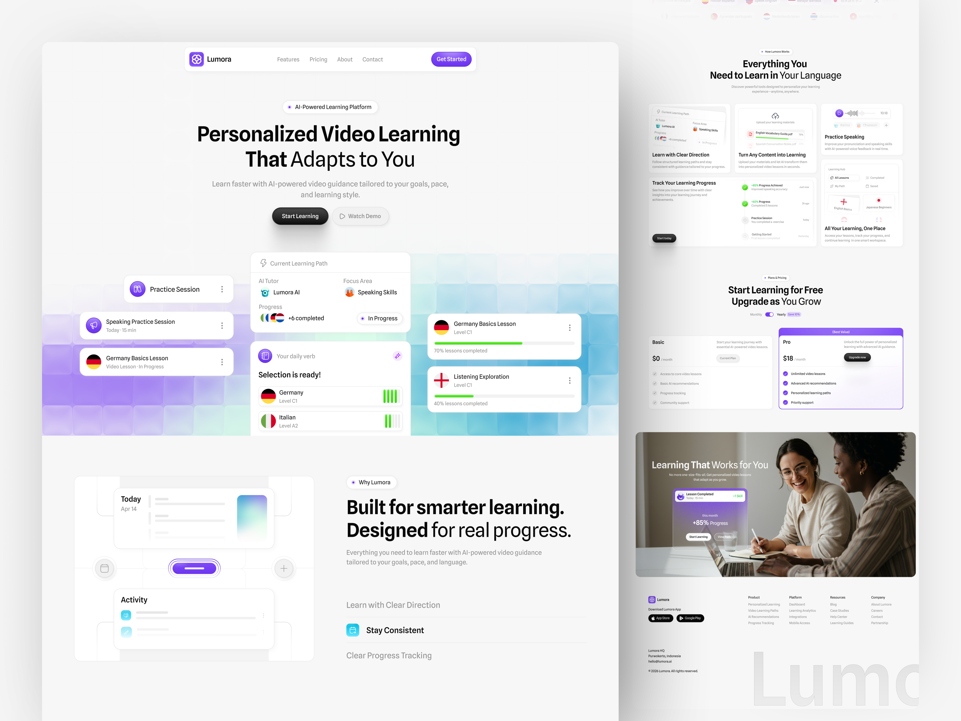 Lumora | Language Learning Landing Page ai ai course ai search ai website bento block glass course footer gradient hero landing page language class learning ai learning platform learning website online learning product ai schedule video learning website