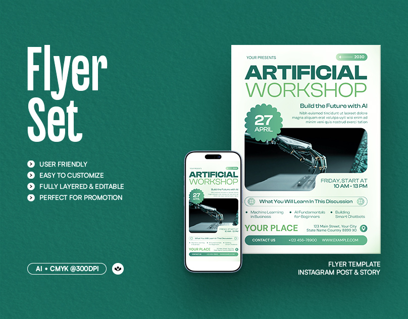 Artificial Workshop Flyer ai artificial design event future graphic design marketing promotion solasome template workshop