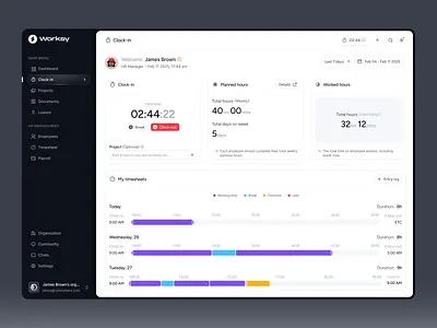 Worksy Clock-In - SaaS Time Tracking Dashboard admin dashboard dashboard design hr management hr tech payroll product design productivity productivity tool ryt brothers saas design saas ui time tracking timeline tracking software ui design uiux web app design workforce management ycombinator
