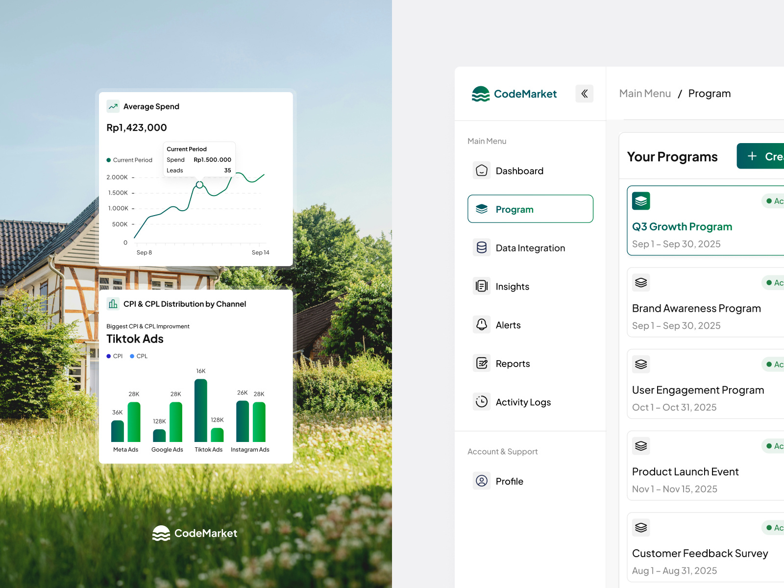 Code Market - Marketing Program Management Dashboard admin web agency design clean dashboard dashboard admin data design marketing marketing dashboard marketing program premium product producy saas ux web web design web saas website website marekting