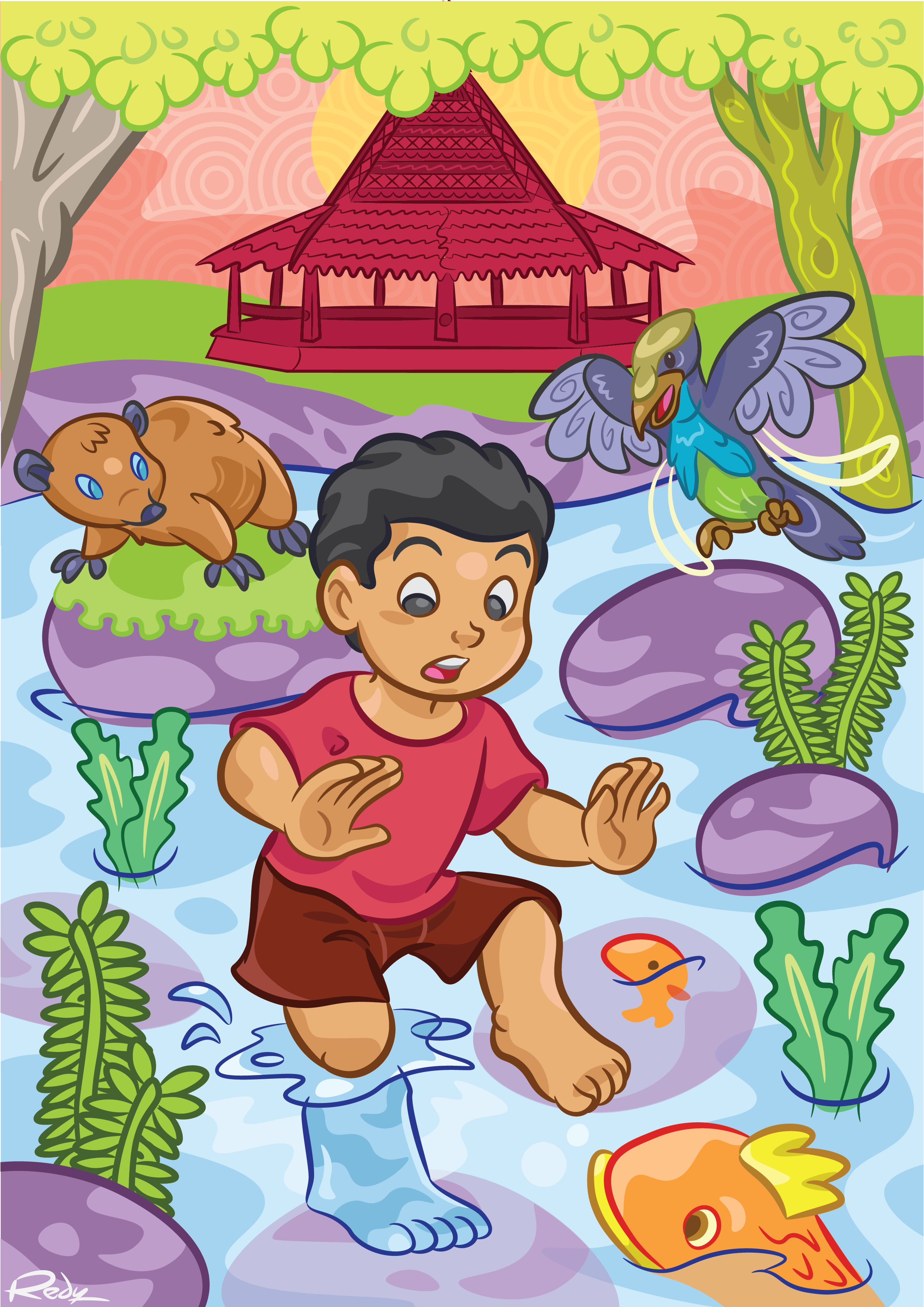 boy in a pond. animals artwork cartoon character design childrens book comic illustration nature vector