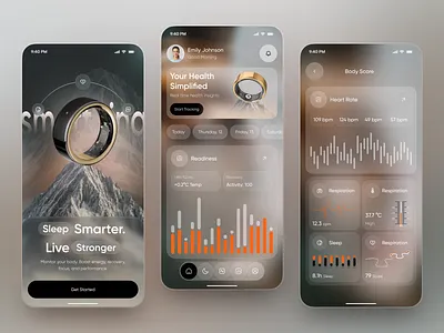 Smart Ring Fitness Tracker App UI Design ai app design fitness app fitness tracker glassmorphism health analytics health app health dashboard health tracking ring sleep tracking smart ring ui wearable app web wellness app