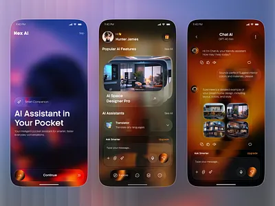 Next-Gen AI Assistant App UI – Smart ChatGPT Mobile Experience ai app ai assistant ai chat app ai real estate app chatbot chatgpt ui design glassmorphism real estate saas app ui virtual assistant web