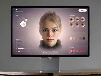 Designing Identity for AI - Avatar Customization Experience ai agent desktop app ai appearance settings ai avatar customization ai character design ai companion ux ai face customization ai identity design ai persona customization avatar creator ui avatar interface design cinematic ui design desktop ai agent digital human interface digital persona design emotional ai experience futuristic settings ui glassmorphism ui soft ui design unreal engine avatar ui virtual assistant design