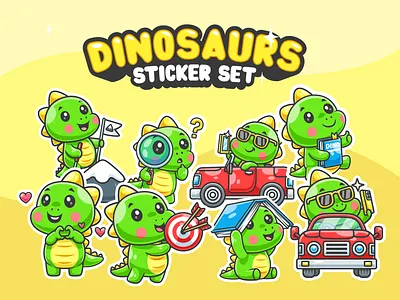 Dino on a little adventure🦖🚗💨 activity adventure animal book branding car character cute dino dinosaur doodle flag flat icon illustration kids logo mockup reptile sticker
