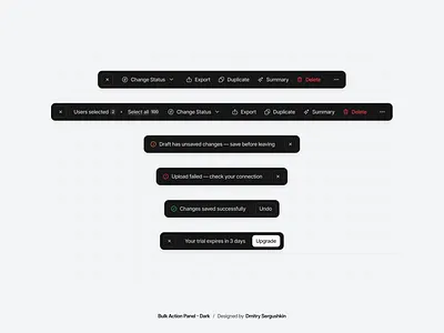 Bulk Actions Panel - Dark bulk action bar bulk action meaning bulk action panel bulk action ux bulk actions bulk actions best practices bulk actions icon bulk actions panel bulk actions panel example bulk actions panel template bulk actions table ux bulk actions ux bulk selection ui design system saas bulk actions