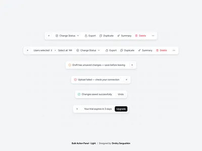 Bulk Actions Panel & System Notifications admin panel ui bulk action bulk action bar bulk action ux bulk actions bulk actions design bulk actions panel bulk actions table ux bulk actions ui bulk actions ux bulk selection ui components dashboard saas system notifications table bulk actions ux toast notifications ui components