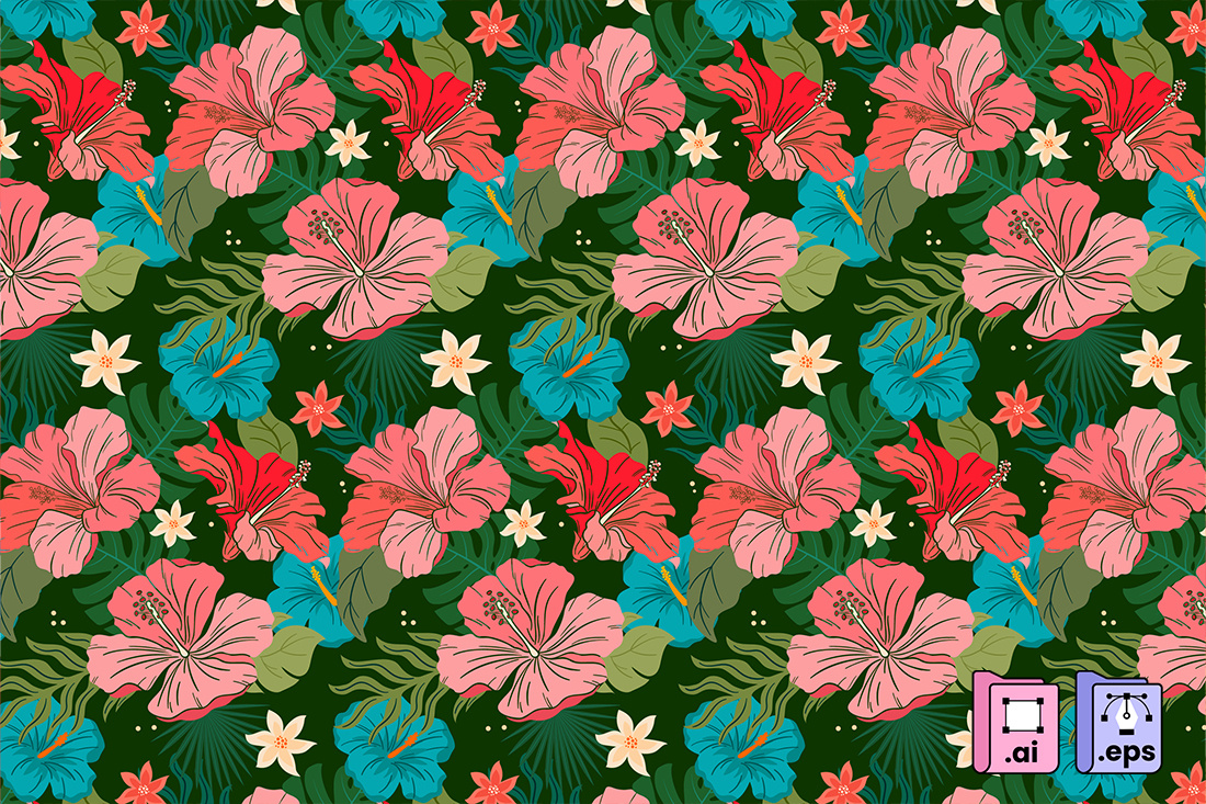 Tropical Hibiscus Floral Pattern aloha style botanical illustration exotic flowers floral background hawaiian pattern hibiscus pattern island vibes seamless vector summer print tropical floral