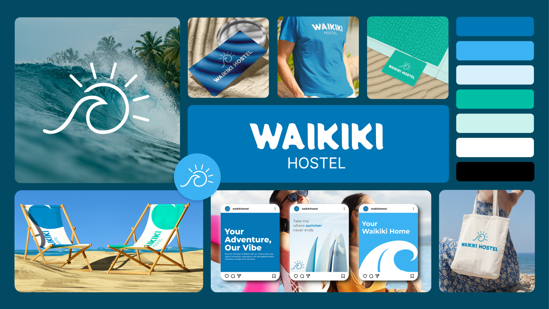 Hostel Brand Identity Design beach branding blue branding brand identity branding hostel hotel hotel branding icons illustrations logo logo design merch sea