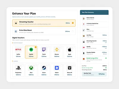 Dolphin Telecoms - SaaS Dashboard UI, Plan Customization Screen b2b clean ui dashboard figma landing page minimal pricing ui product design saas subscription telecom ui design ux design web design