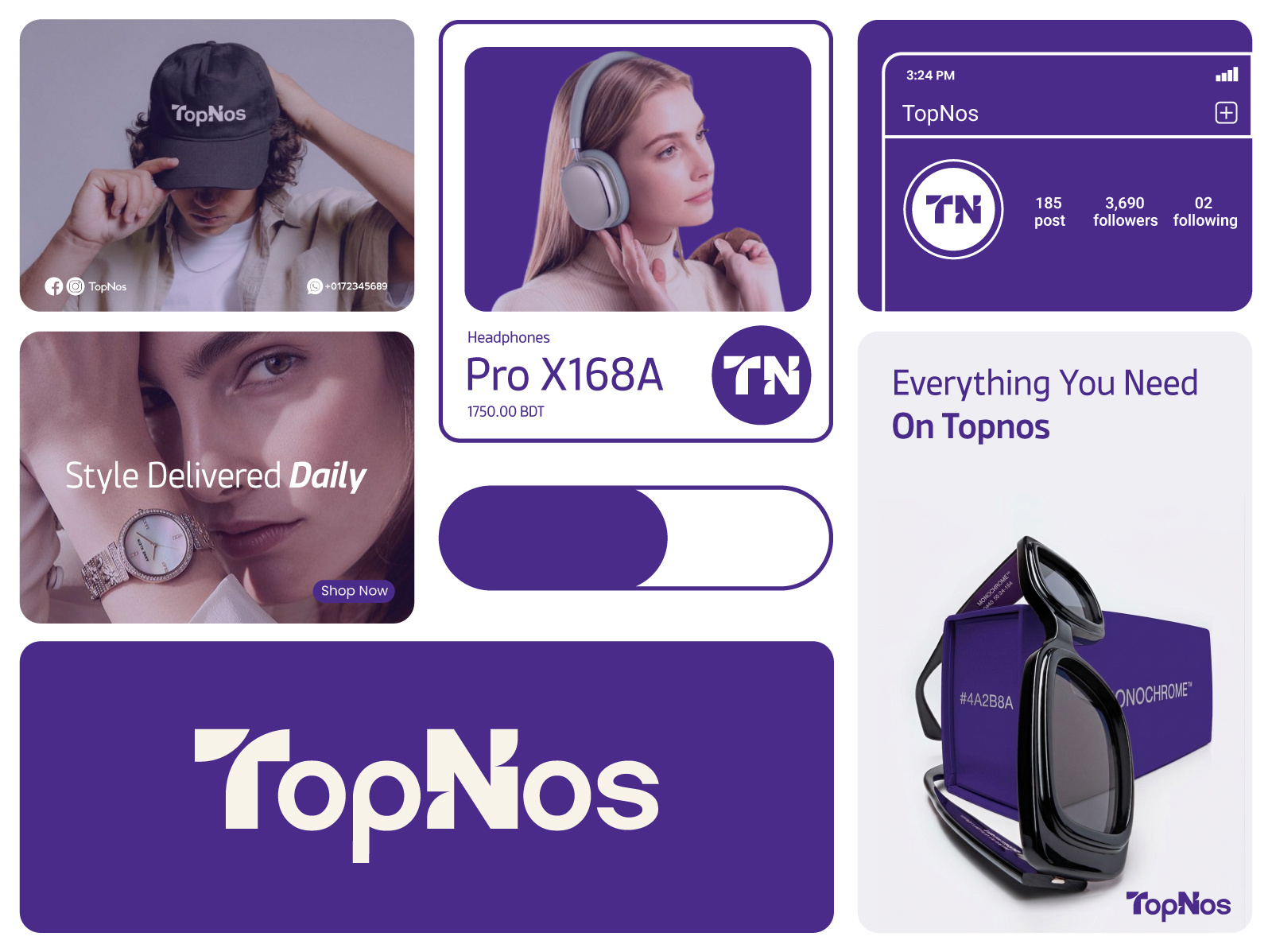 TopNos E-Commerce Brand Identity Design brand identity brand presentation branding design dribbble ecommerce branding graphic design icon logo logo design logo for sale mockup design modern logo purple branding social media branding visual identity