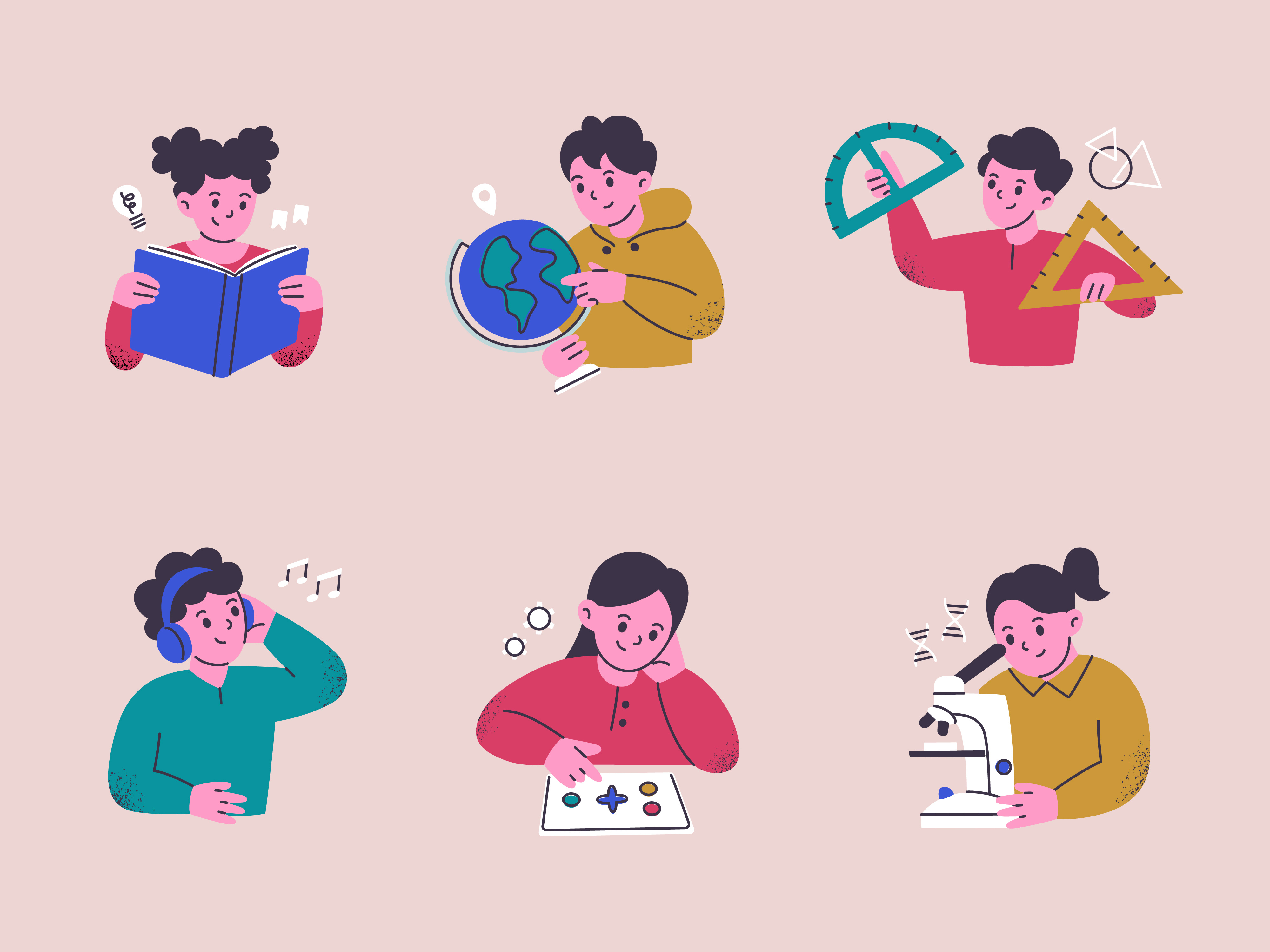 Kids with Learning Tools — Character Set characters child children classroom collection colorful cute education flat illustration kids learning school science set student vector