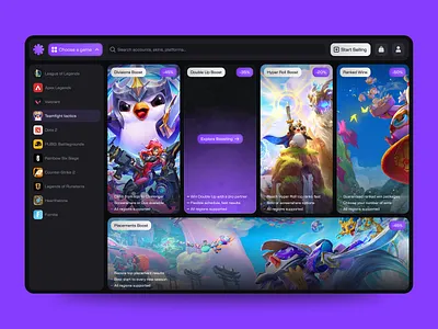 HyperElo - Esports Boosting Marketplace UI/UX Design boosting platform card design competitive gaming conversion design dark ui dashboard design esports esports design figma game interface game marketplace gaming platform gaming ui hover interaction marketplace design product design saas design ui design ux design web design
