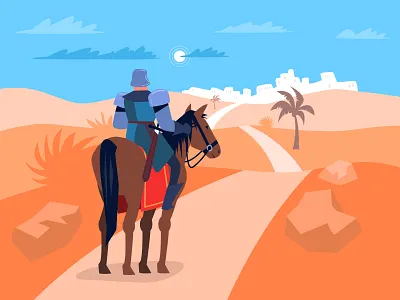 Sir Galahad on the road animation armor book british character desert english flat galahad holy grail horse illustration knight middle age road tale vector