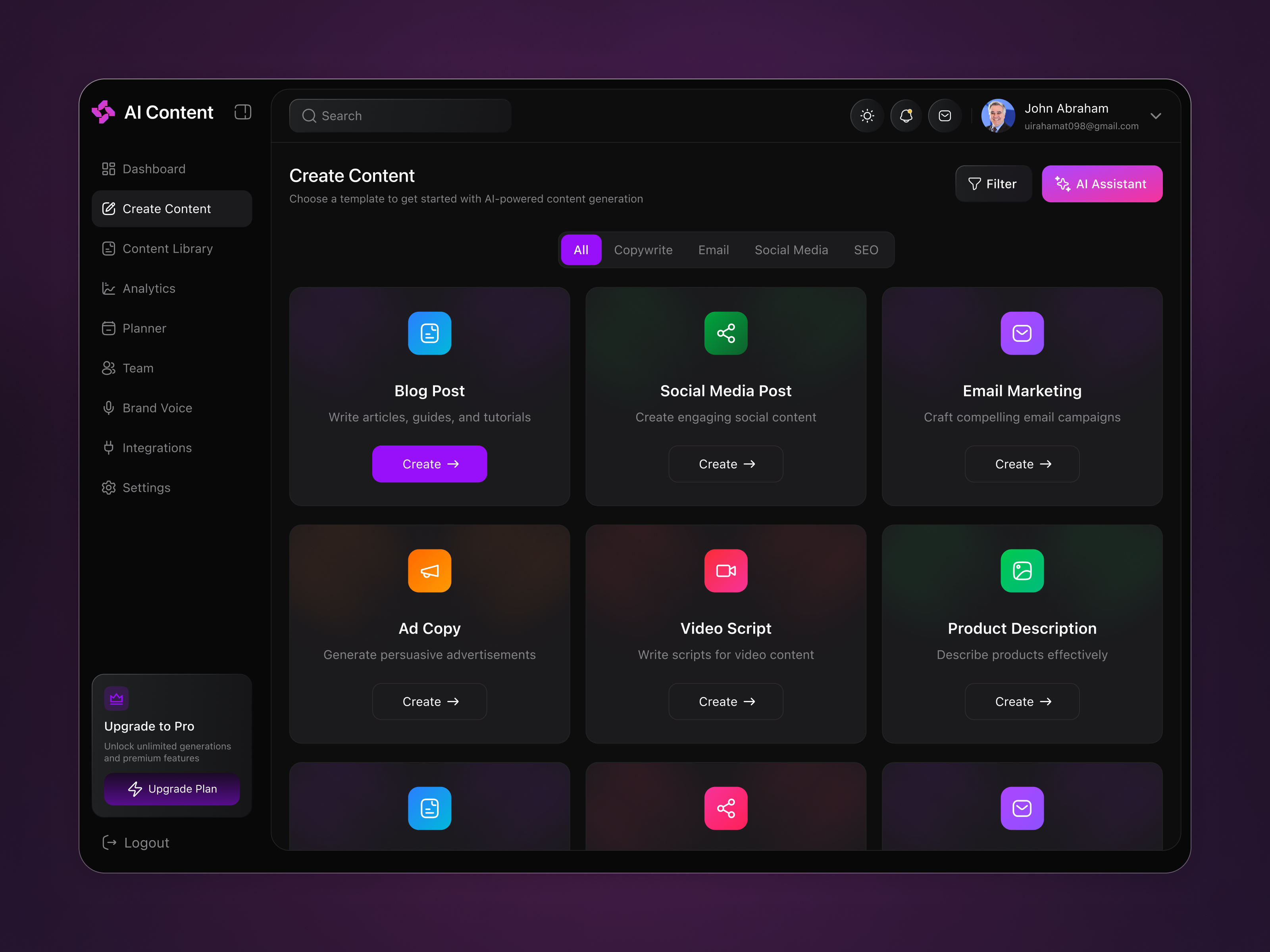 Smart AI Writing Dashboard - Create Content Page (Dark UI) ai ai tools ai writing content creation dark ui dashboard design editor ui modern ui product design saas uiux uiux design web app writing assistant