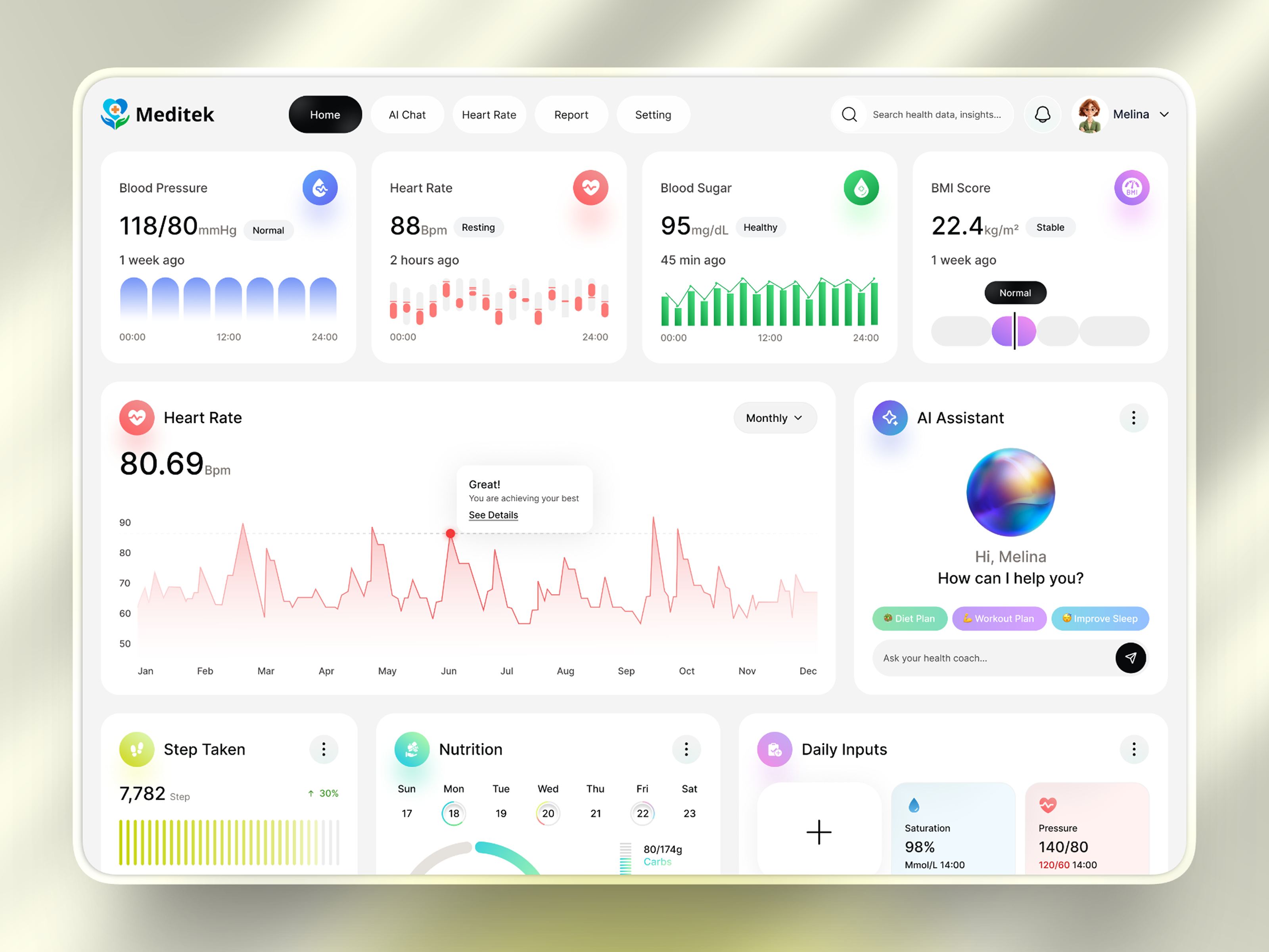 AI Healthcare Dashboard UI Design admin dashboard ai healthcare analytics dashboard clean ui dashboard ui data visualization digital health fitness tracking health app health monitoring healthcare ui medical app medical dashboard minimal design modern ui saas dashboard ui ux design user experience user interface wellness app