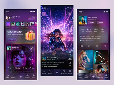 Futuristic DJ Social App UI app app design community community app community app ui mobile mobile app mobile ui inspiration modern social feed app design product design professional mobile app design social app dashboard design social media social media app ui ui design user profile ui ux design web