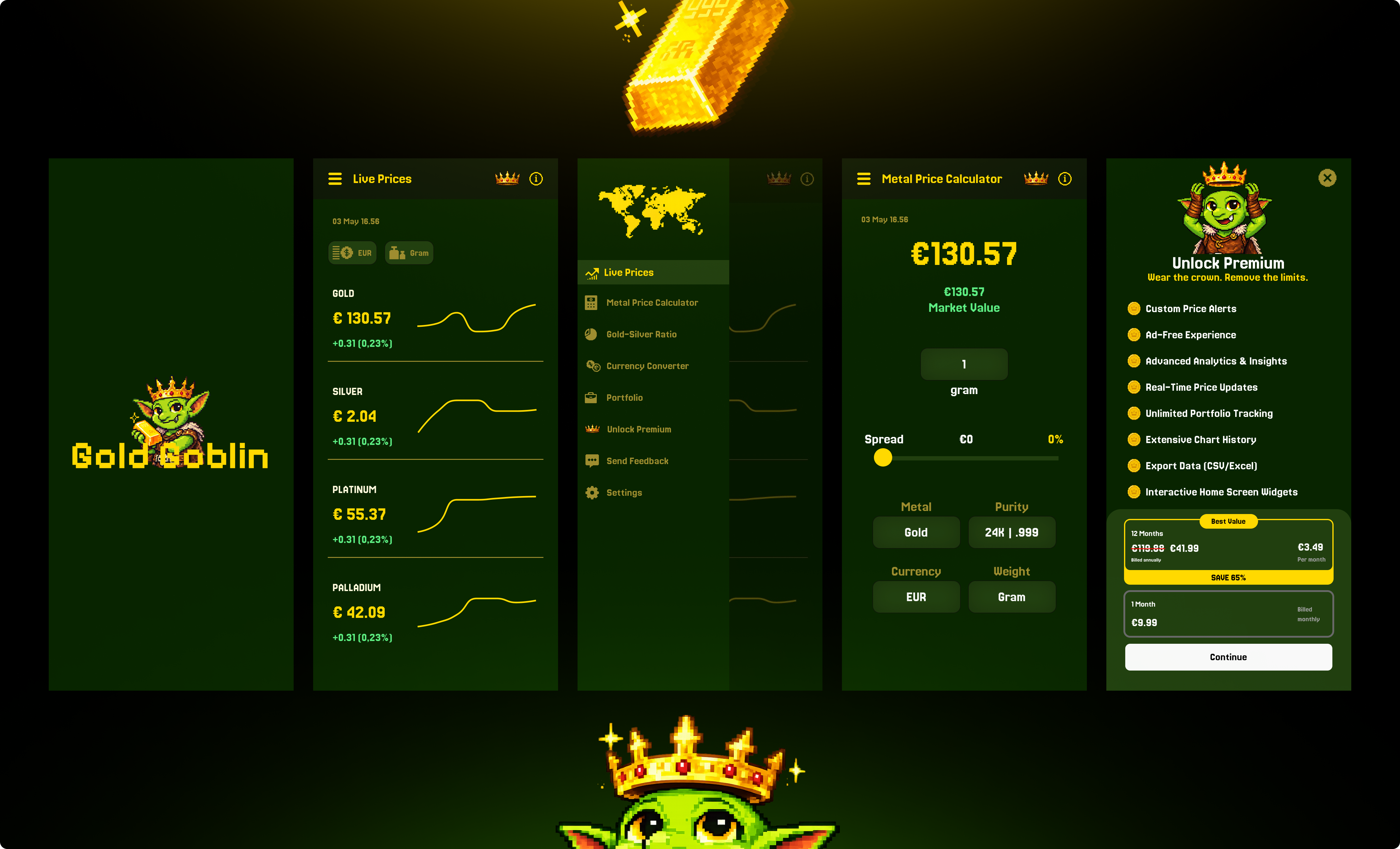 Gold Goblin - Gold Price Tracker App branding finance fintech mobile app pixelart price tracker splash screen ui ux
