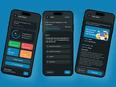 Exam Quiz Mobile UI — Minimal MCQ Design & Score Tracking appinspiration assessmentapp darkmodeui edtechui educationapp educationtechnology examapp figmadesign learningapp mcqapp mobileappdesign mobileui quizapp quizuidesign studentapp studyapp uidesign uiuxdesign uxdesign