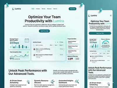 Team Productivity SaaS Landing Page UI – Dashboard & Web Design analytics dashboard app design clean design figma design gradient ui landing page mobile ui modern ui productivity project management saas software ui startup team management ui ux web design website design