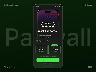 Call Recorder App – Paywall Design graphic design mobile app paywall redesign ui ux design