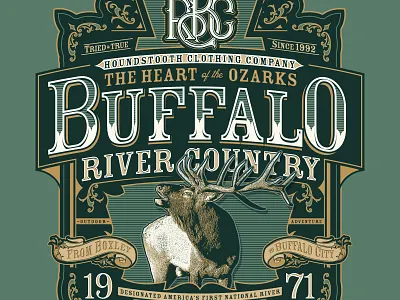 Houndstooth Clothing Co. Buffalo River Country Apparel Line adobe illustrator adobe photshop apparel design design elk graphic design illustration merch design outdoor screen printing spot color t shirt design vintage apparel