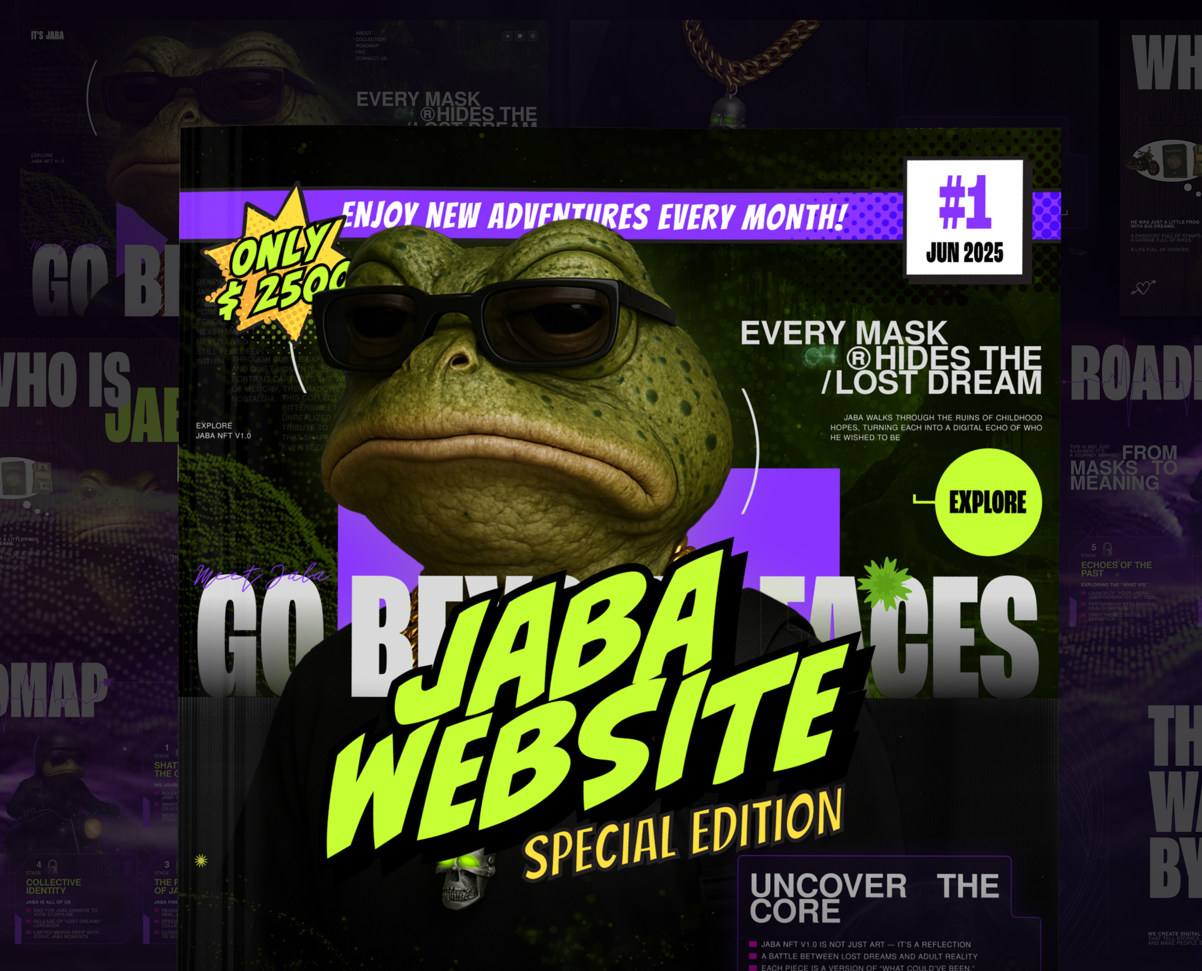 Jaba NFT — Landing Page with Storytelling & Branding animated website animation branding cognitive web collage collage comics crypto digital art emotional website frog graphic design landing page logo logo design marketing motion graphics nft storytelling ui uiux