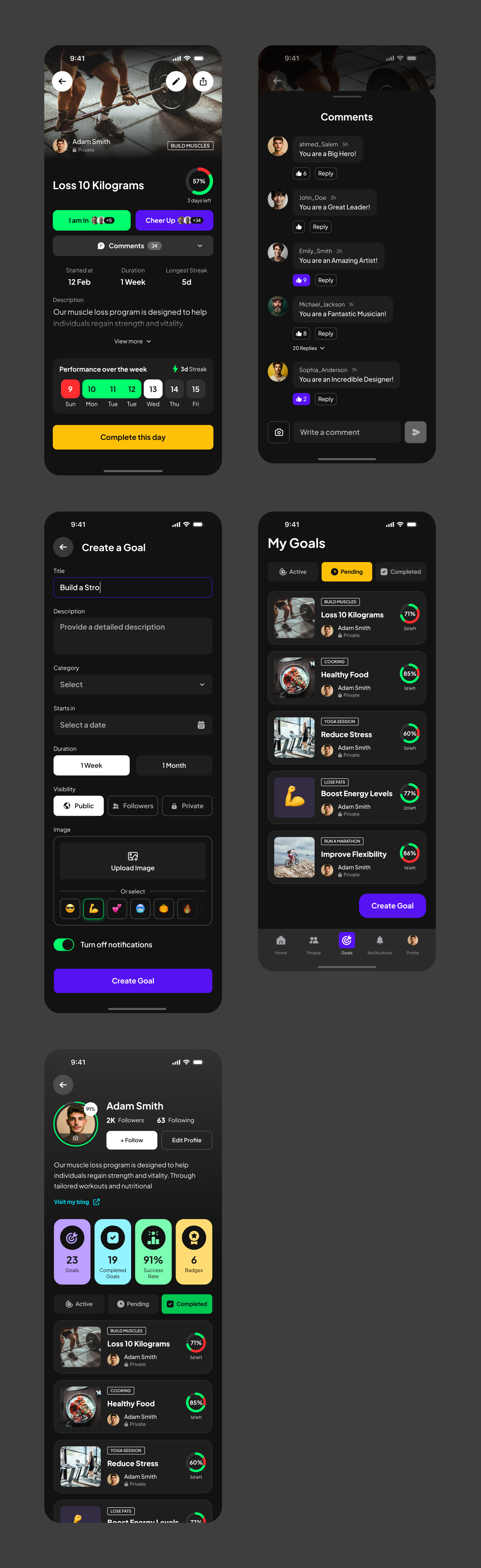 Fitness Social Tracker Mobile App comments fitness form goals gym mobile profile progress social streak ui
