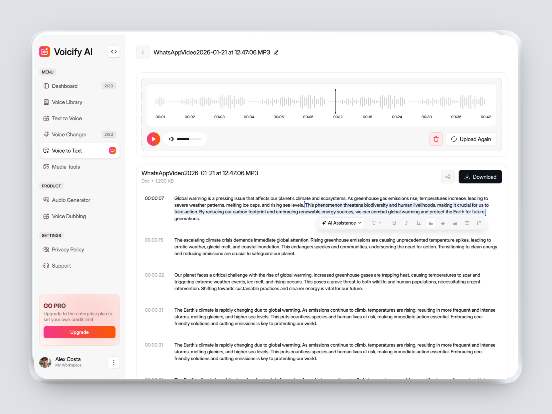 Edit AI Generated Transcript// ai clean design product design ui ui design