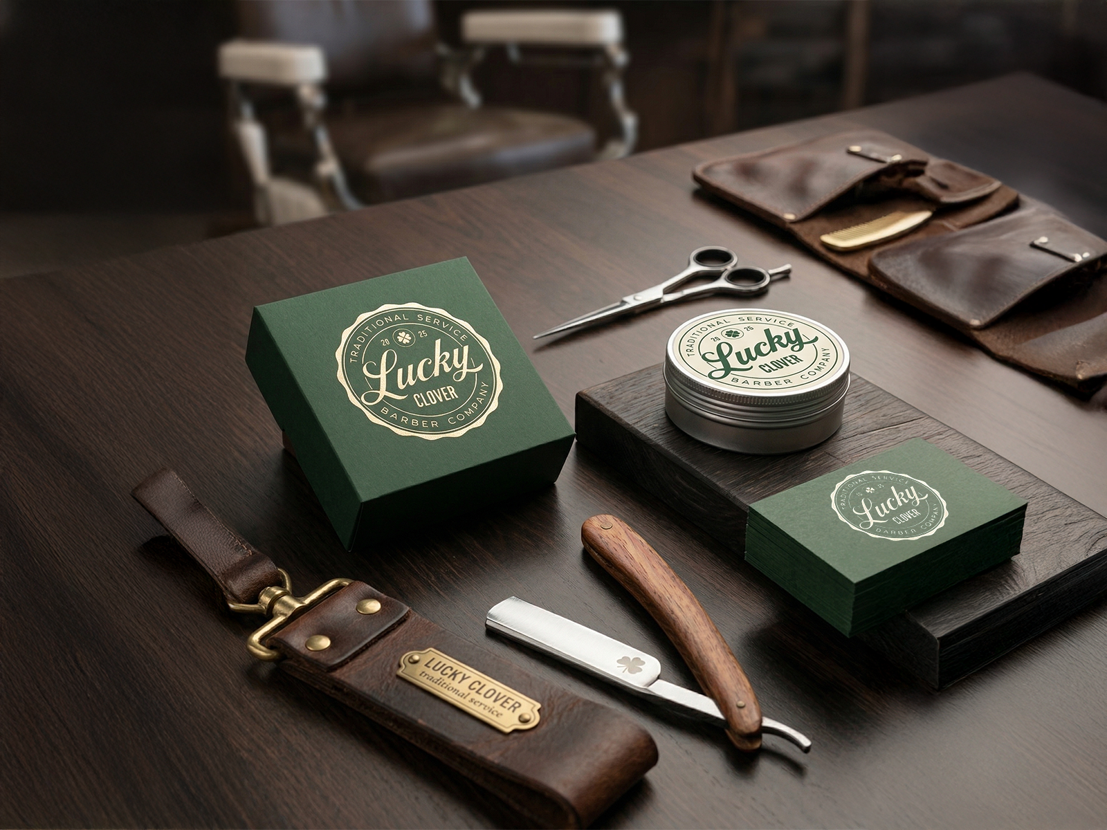 Lucky Clover Barber Company badge branding badge logo barber branding barber logo barber shop barbershop branding brand identity classic typography clover logo emblem logo green logo heritage branding identity design logo design retro branding shop sign signage design traditional branding vintage badge vintage logo