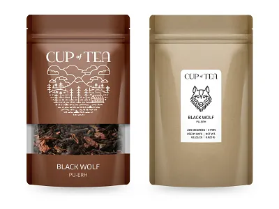 Black Wolf - Pu-erh - Cup of Tea (Clackams OR) black wolf branding cup of tea icon design illustration meadow mt hood packaging pu erh tea package wolf wolf icon