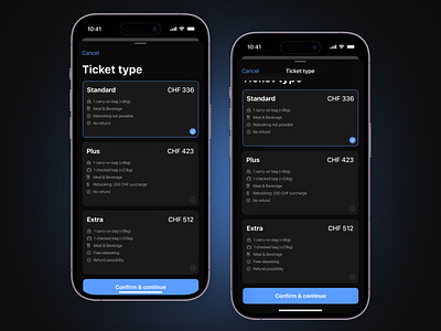 Flight Booking App | Dark Mode application booking clean daily ui dailyui dark darkmode design flight interface ios minimal minimalist mobile ticket ticket selection ui ui design uidesign user interface