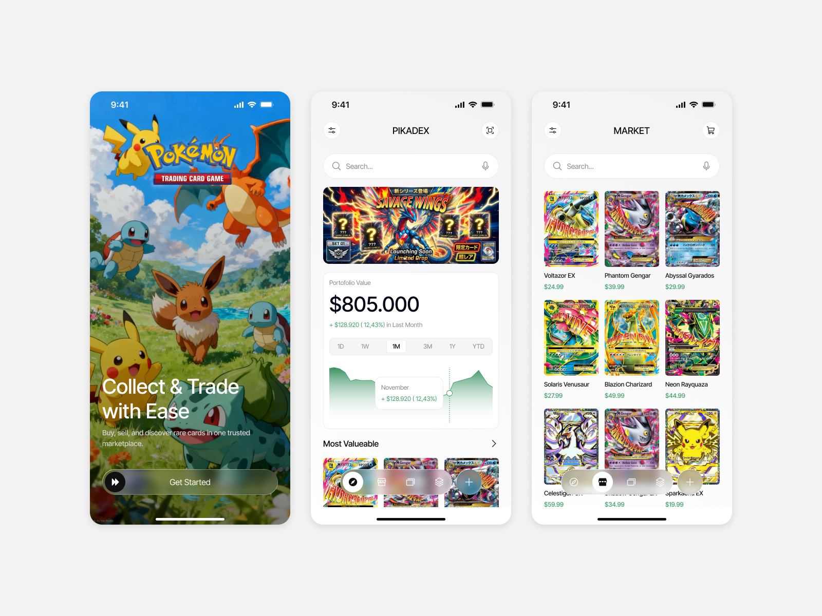 PIKADEX - Pokemon Card Store & Collection app branding card clean collection cool dashboard design illustration logo mobileapp pokemon pokemoncard ui uiux ux