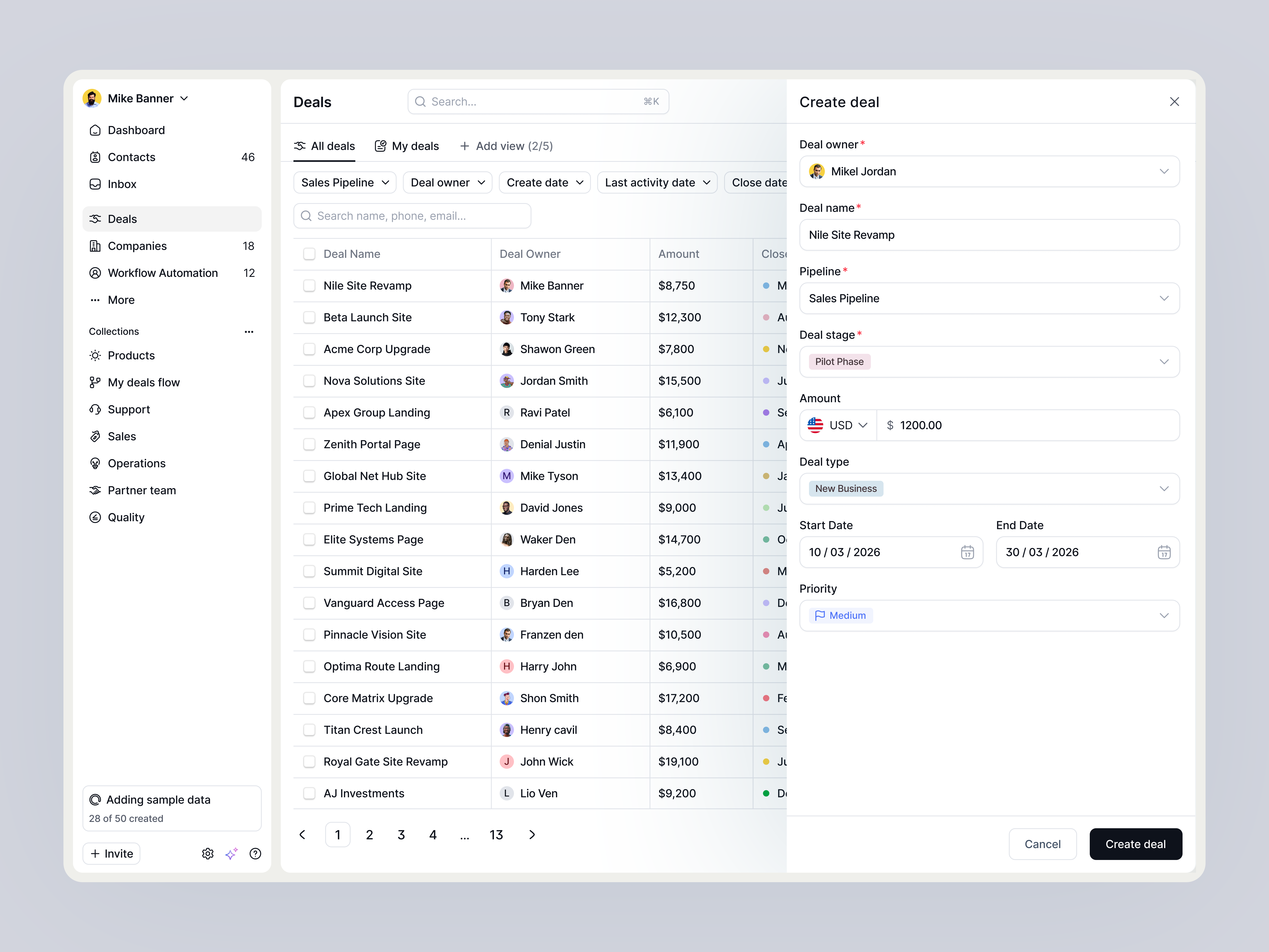 Sales CRM Deal Creator Side Panel & Detail View UI | Closr ai deal summary b2b crm design closr crm create dealform crm form design crm side panel crm ui ux date picker ux deal creation ui deal details view deal form design saas deal form saas design agency saas product design saas ui design sales crm ui sales pipeline entry startup product design web app design