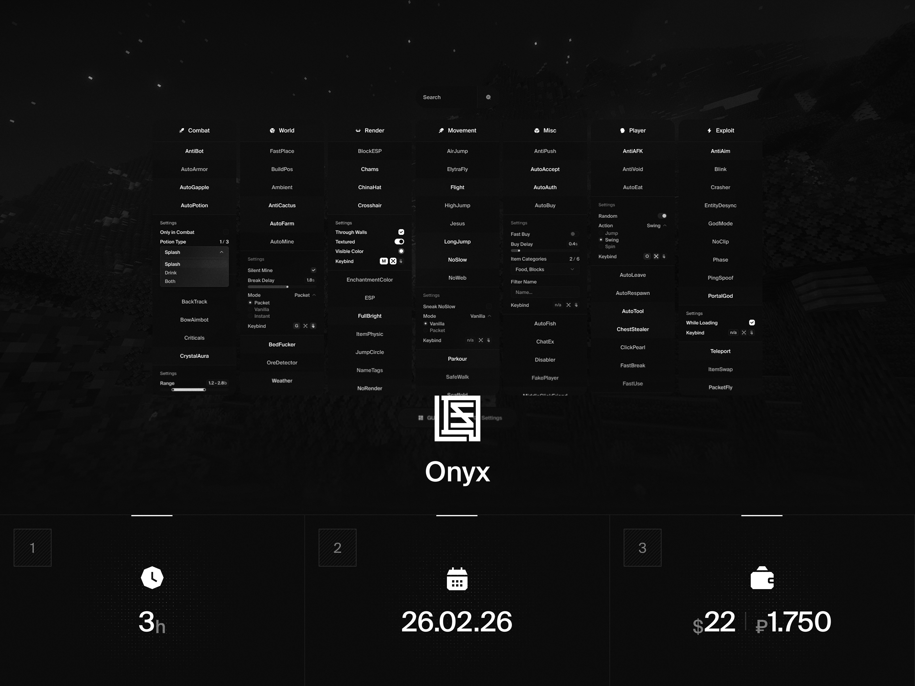Onyx cheat game gui hack minecraft ui uiux uix ux