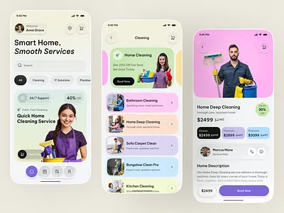Smart Home Service App UI — Cleaning, Booking & Marketplace app booking app cleaning app design home services marketplace app on demand app service app service booking startup app ui web