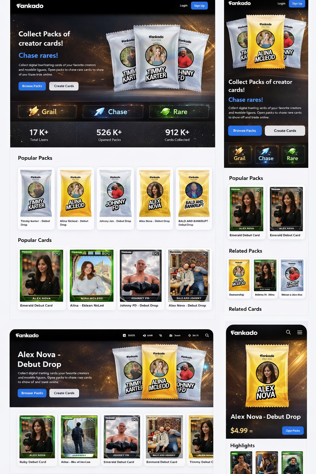 Fankado Digital Creator Trading Card Marketplace card packs collectibles platform creator economy dark mode ui digital marketplace gaming aesthetic mobile ui nft marketplace trading cards web design