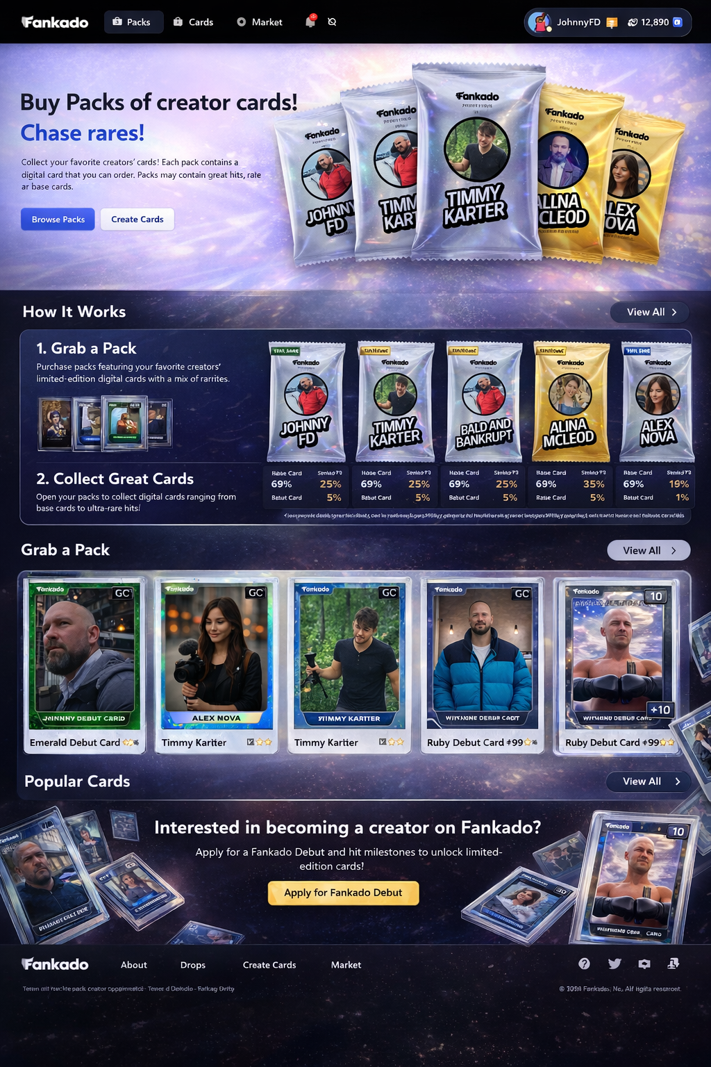 Fankado Cosmic Digital Trading Card Marketplace card game cosmic aesthetic creator economy dark mode ui digital collectibles gaming interface marketplace ui nft platform trading cards web design