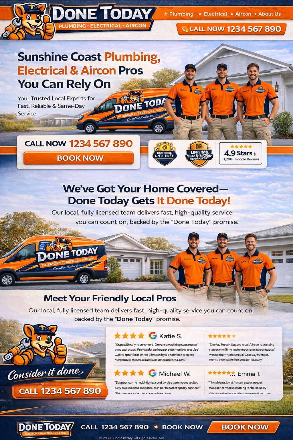 Done Today Home Service Branding & Landing Page blue and orange conversion design home services hvac marketing landing page lead generation local business ui mascot logo plumbing web design service branding