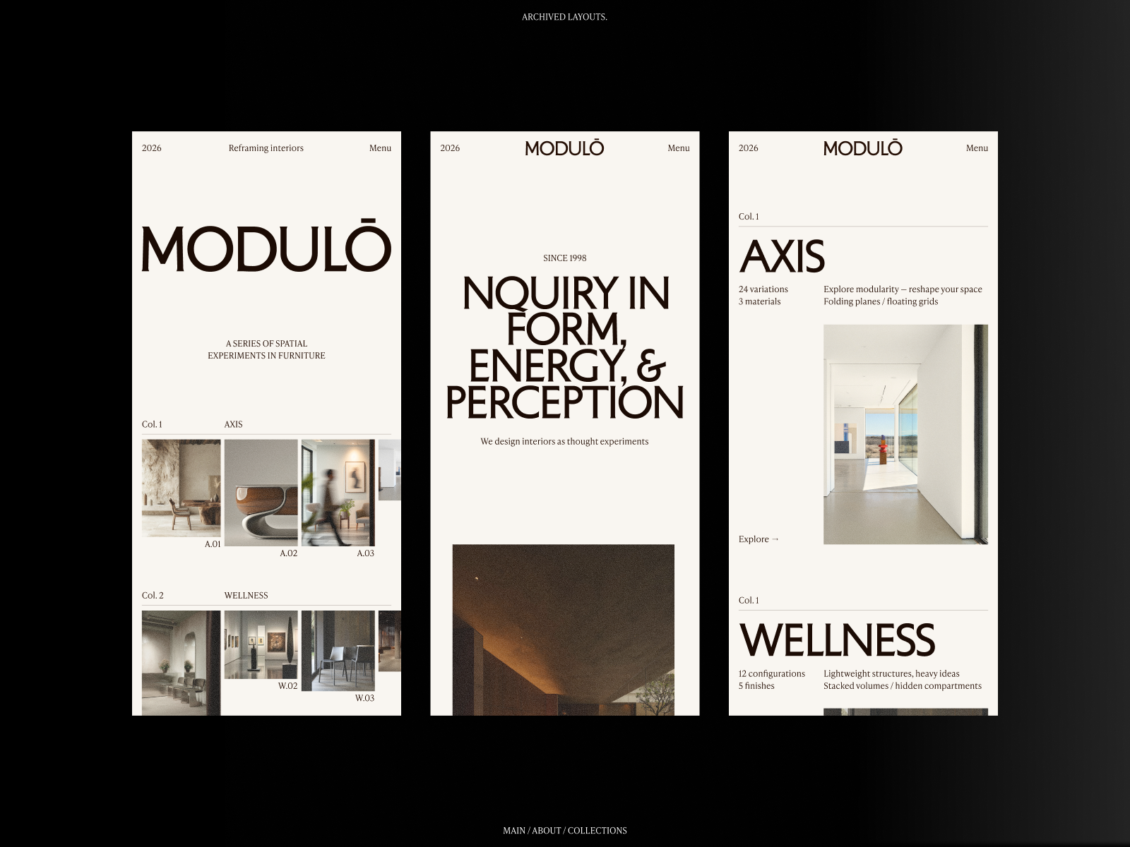 MODULO. Interior studio. Mobile website desing art direction branding creative direction design digital furniture gallery grid interior layout minimalism mobile renders serif typographic typography ui ux web design website