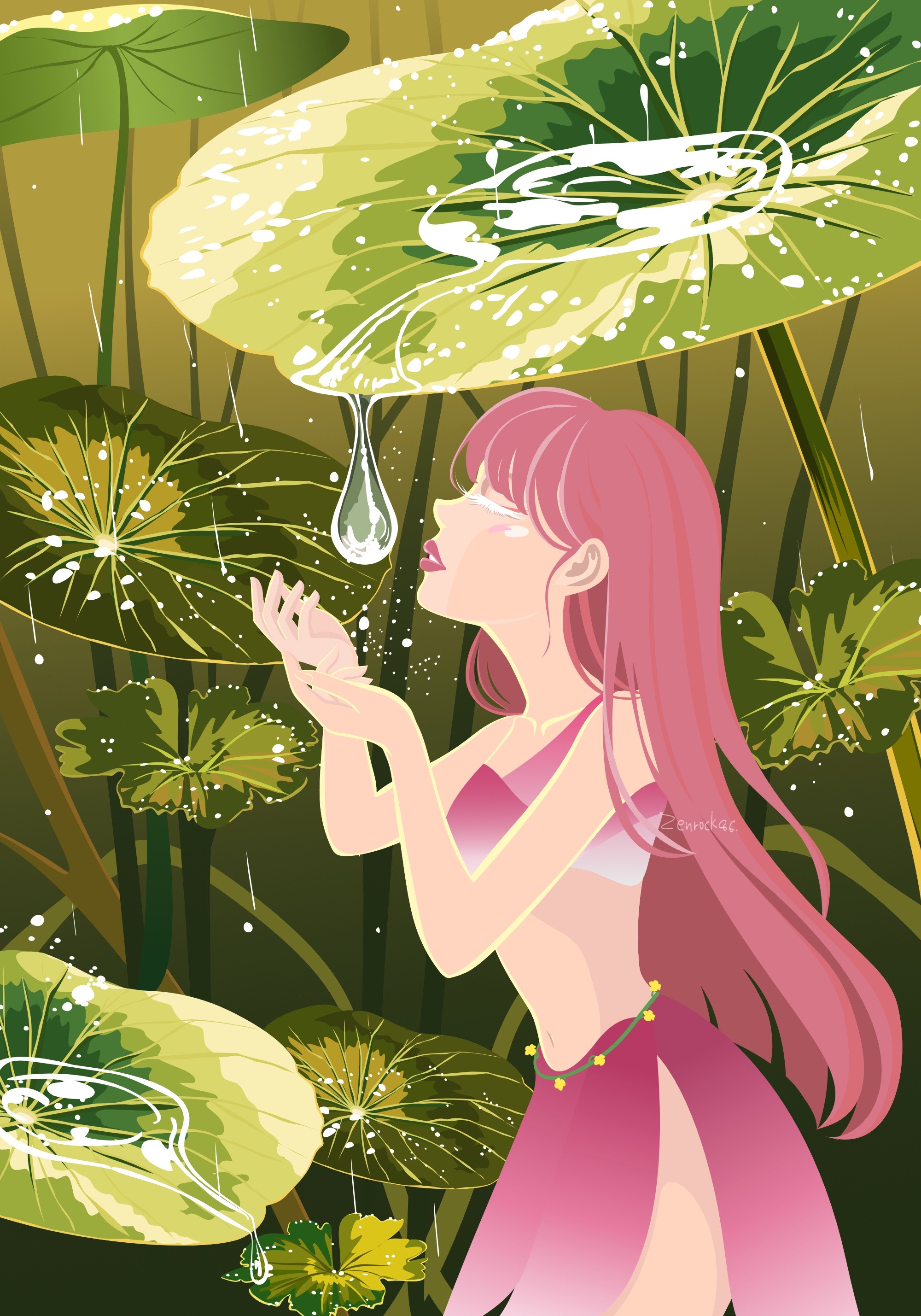 Magical Rain and Lotus Leaves with Fantasy Woman Illustration