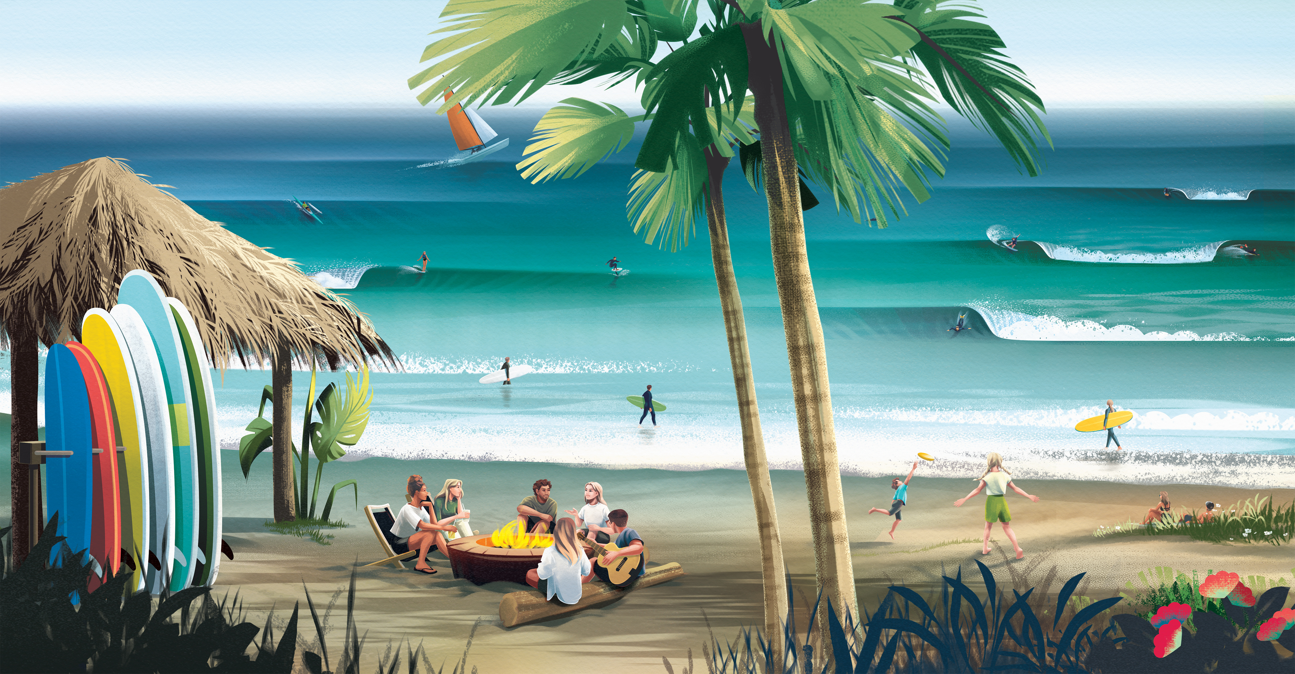 Surf crafts beach boat bonfire character colorful friends illustration lifestyle nature ocean palm tree shack summer surfer surfing texture wave