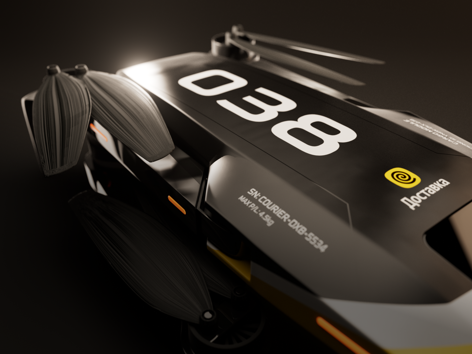 VTOL Delivery Drone Concept 3d 3dmodeling autonomous cinema4d cmf darkmode delivery drone gadget hardsurface industrialdesign logistics productdesign redshift robotics tech transportation uav vtol yandex