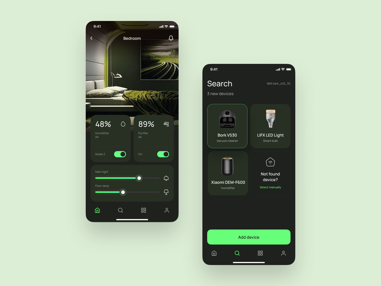Smart Home App UI 🌿📱 app design branding dark ui design design system dribbble figma home app iot mobile app mobile app design product design smart app smart home ui design ui ux ui ux design