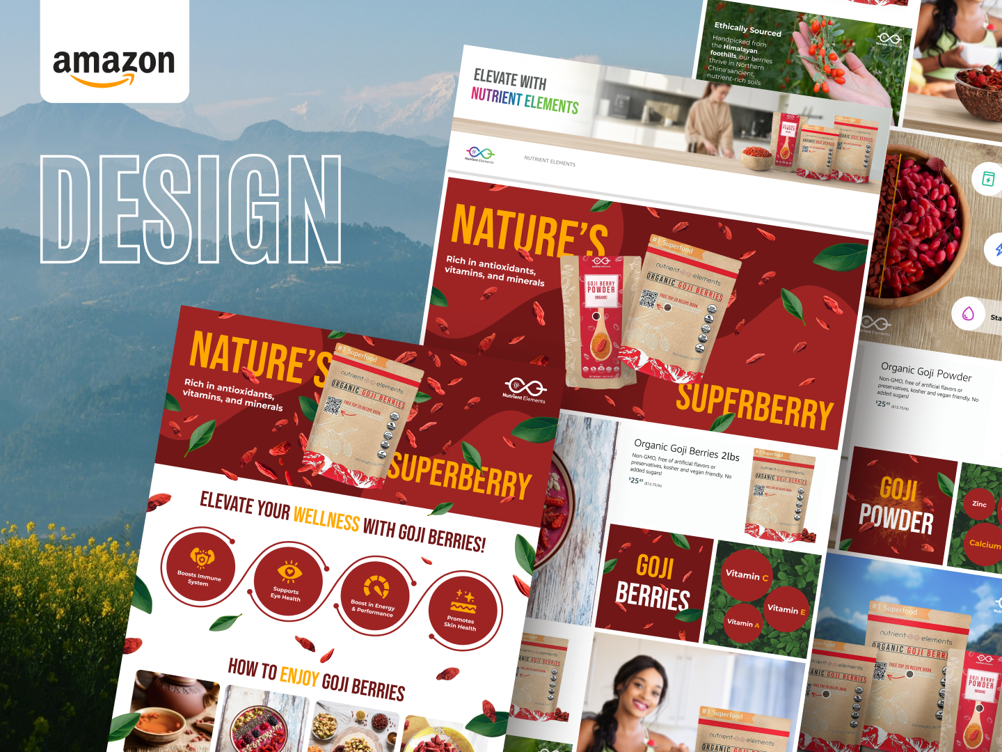 Supplement Brand Amazon Strategy a plus premium amazon fba amazon storefront brand store brand story clean aesthetic ecommerce design enhanced brand content graphic design health and wellness infographic design listing optimization natural ingredients organic aesthetic organic branding packaging design superfoods supplements design ui design visual identity