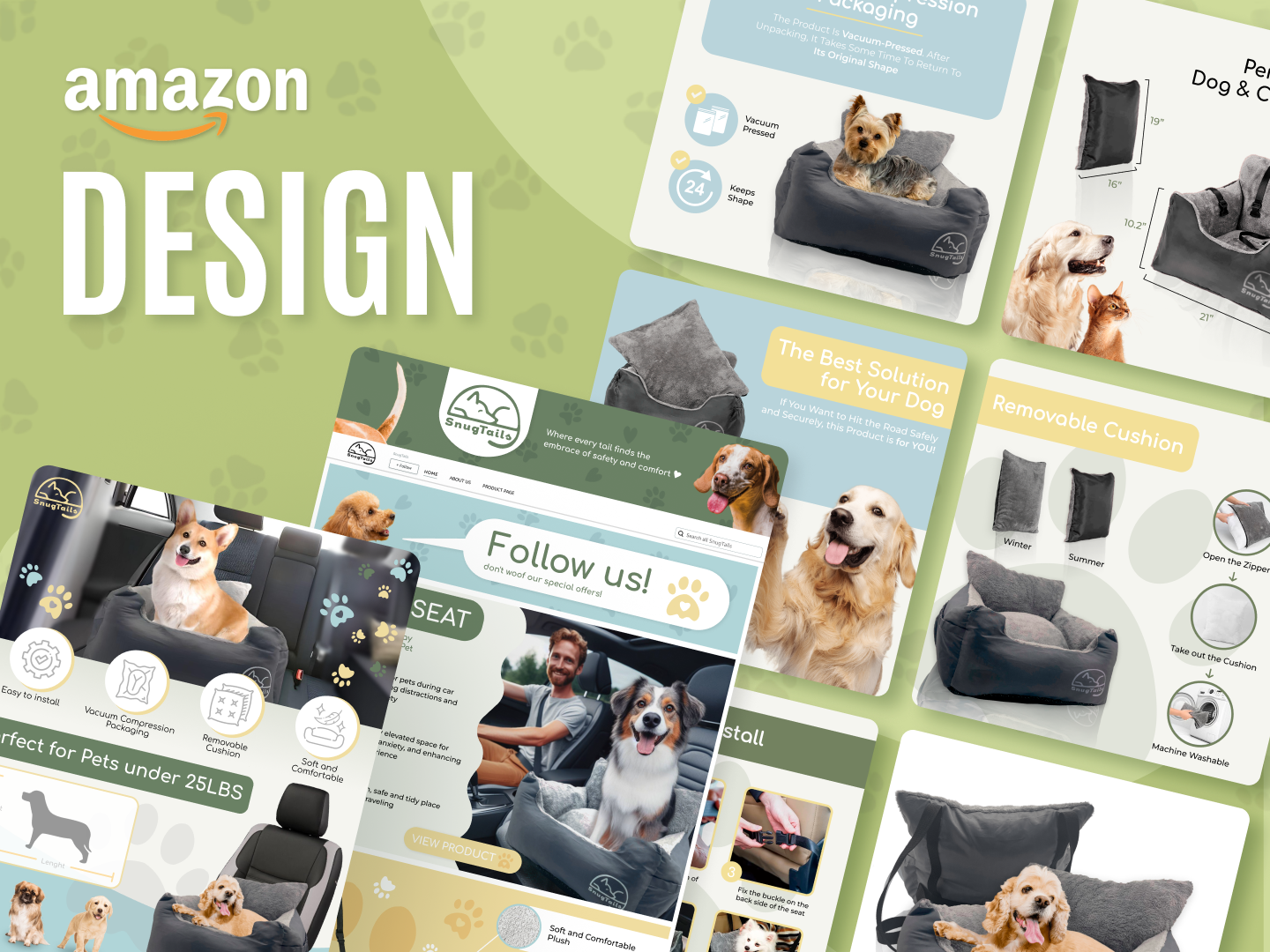 Amazon Design for Luxury Pet Brand a plus content amazon fba amazon storefront brand identity brand store cohesive branding dog car seat ecommerce design enhanced brand content graphic design infographic design lifestyle photography listing optimization pet accessories pet brand pet care pet safety product presentation ui design visual strategy