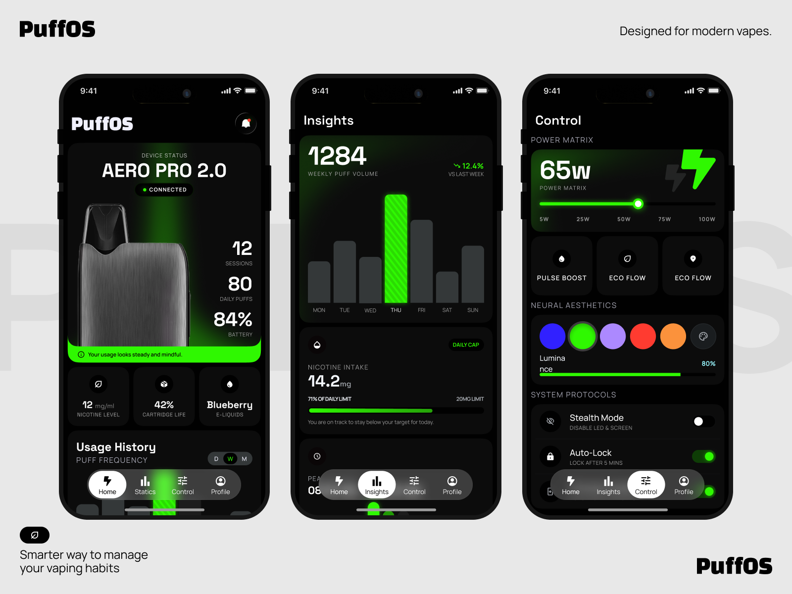 Puffos – Smart Vape Tracking App cleandesign dark mode darkui design devicecontrol icon mobile app modern design smartdevice smoking tracking ui ux vape vape app vapetech